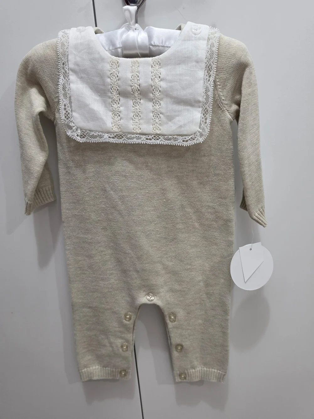 Classic Lace Detachable Bib Knit One-Piece Romper in Beige